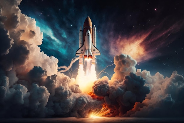 Novo foguete de ônibus espacial lançado no céu noturno com fumaça e explosão Conceito de viagem espacial generativo Ai
