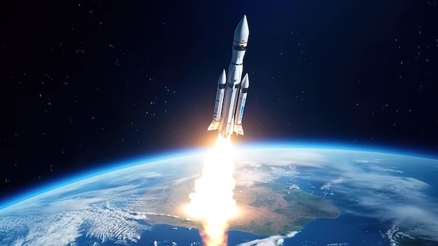 Foto novo foguete espacial decola ônibus espacial com fumaça e explosão decola para o espaço em um fundo