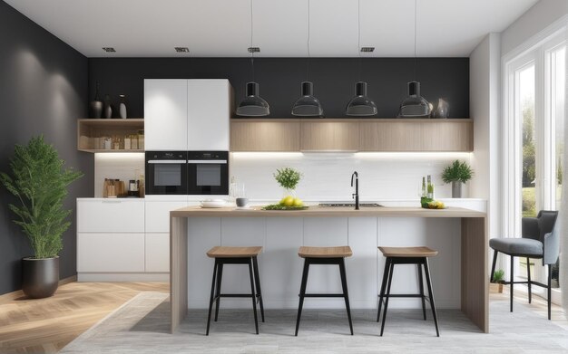 Novo interior de luz moderna da cozinha com móveis brancos e mesa de jantar renderização 3d