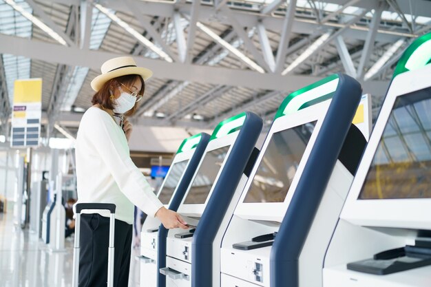 Novo turista normal usando máscara facial está viajando no aeroporto