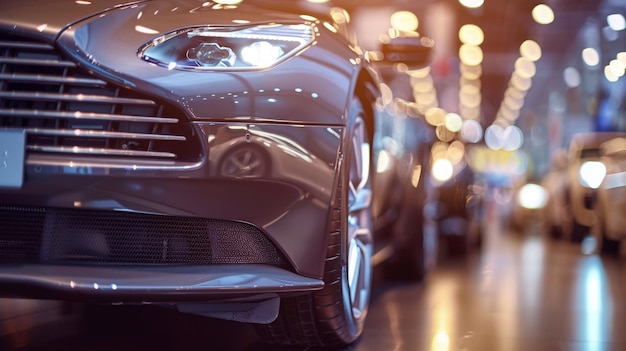 Novos carros exibidos em showroom de luxo com bokeh de luz em evento de salão de automóveis