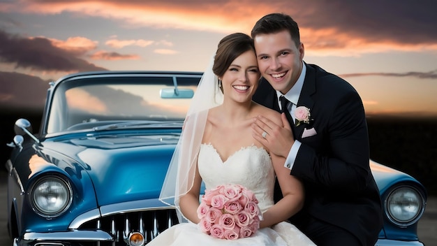 Foto novos casados em frente a um carro