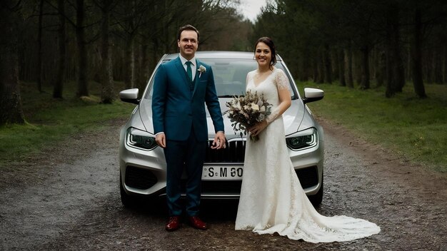 Foto novos casados em frente a um carro