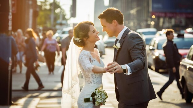 Novos casados enamorados posando en la calle