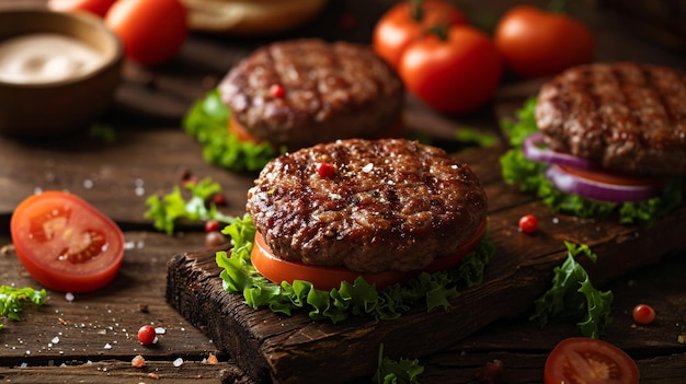 Novos Patties de Carne em um fundo de madeira