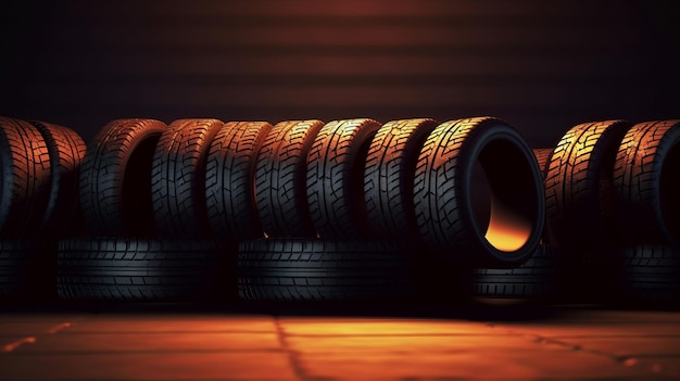 Novos pneus empilhados em um fundo escuro Tire fitting fundo pilha de pneus de carro