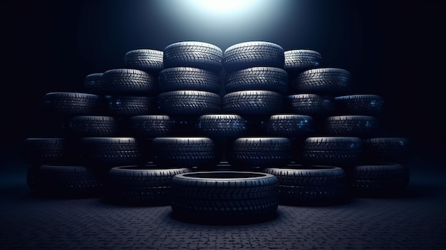 Foto novos pneus empilhados em um fundo escuro tire fitting fundo pilha de pneus de carro