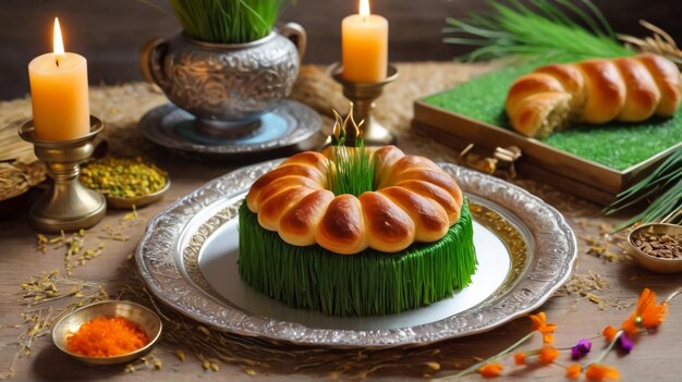 Foto novruz decoração de mesa de trigo grama azerbaijão pastelaria nacional pakhlava