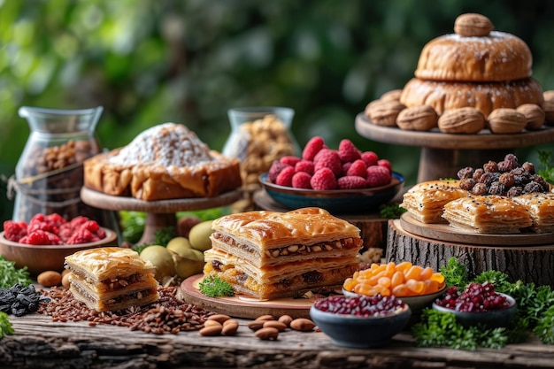 Nowruz-Feier-Hintergrund mit Leckereien Baklava getrocknete Früchte Nüsse auf Holzoberfläche.