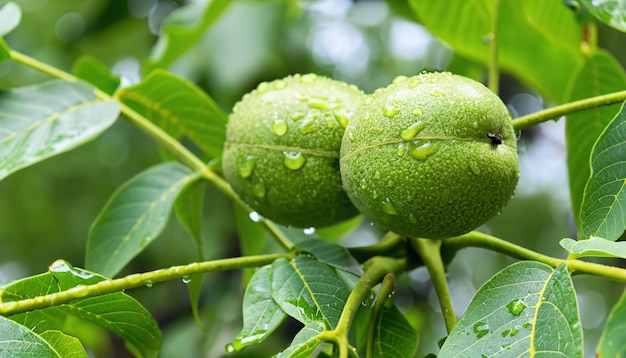 Noz verde em um galho com folhas frescas