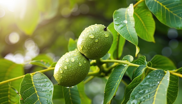 Noz verde em um galho com folhas frescas