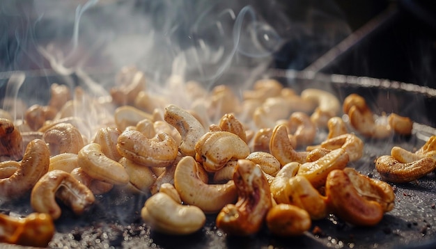 Nozes de caju a cozinhar e fumo a sair.