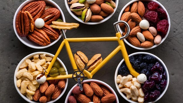 Foto nozes variadas e frutas secas em mini tigelas diferentes em forma de ciclo com pistaches pecan almon