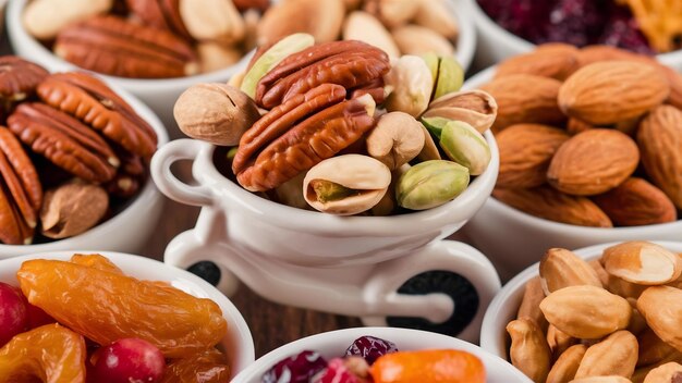 Foto nozes variadas e frutas secas em mini tigelas diferentes em forma de ciclo com pistaches pecan almon