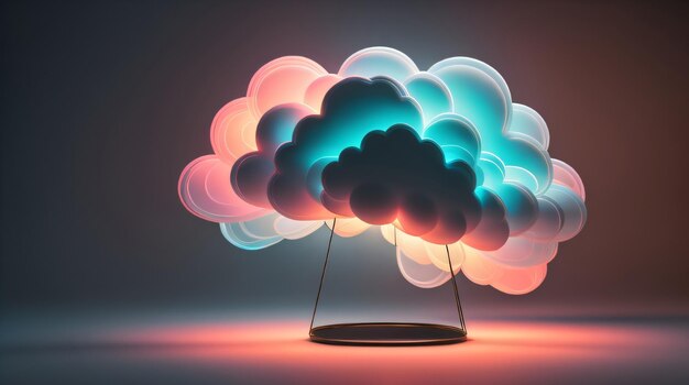 Nube abstracta iluminada con fondo de representación 3d de luz de neón