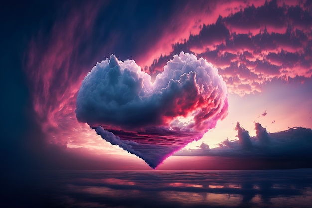 Nube de amor Nubes de aire en forma de corazón en un atardecer de neón AI