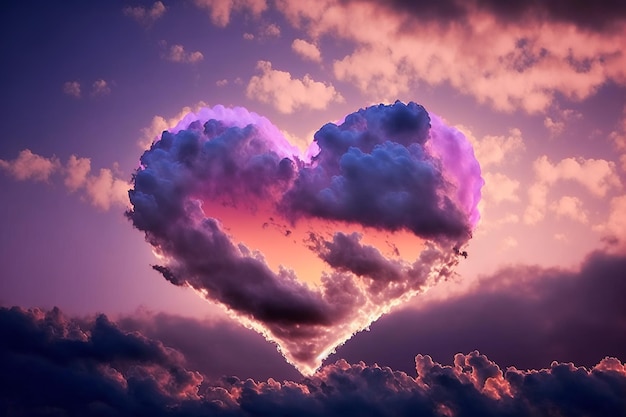 Nube de amor Nubes de aire en forma de corazón en un atardecer de neón AI