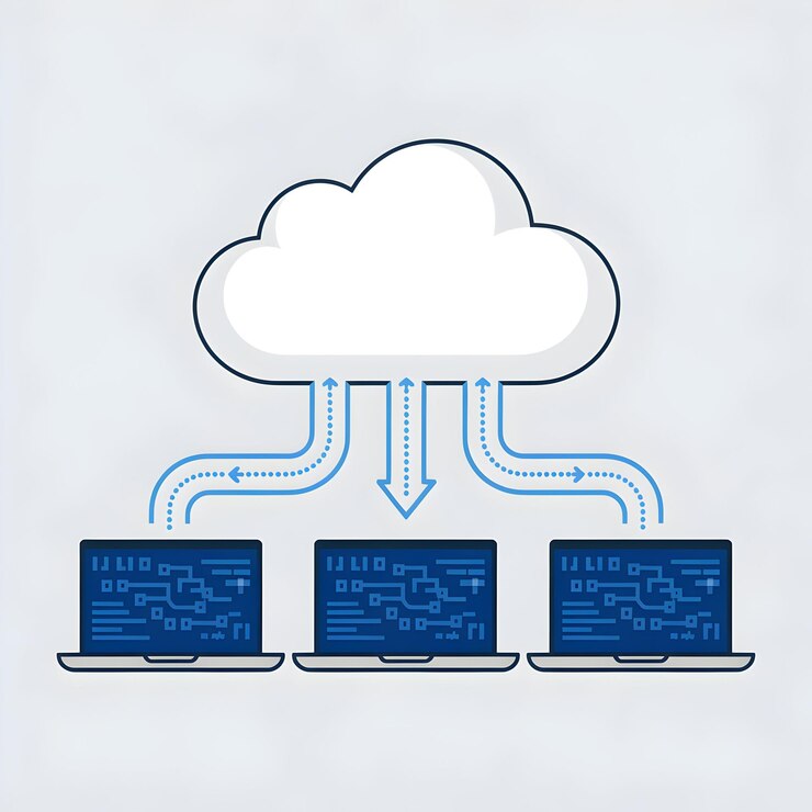 Foto nube blanca central conectada por tubo azul que representa la computación en la nube y el flujo de datos para social me
