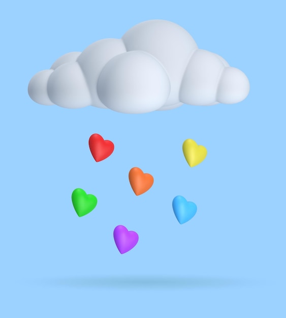 Nube blanca con lluvia de corazones coloridos del arco iris lgbt sobre fondo azul Representación 3D