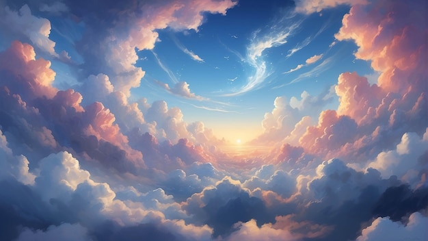 Nube en el cielo azul ilustración de fondo paisaje en el estilo anime de la naturaleza