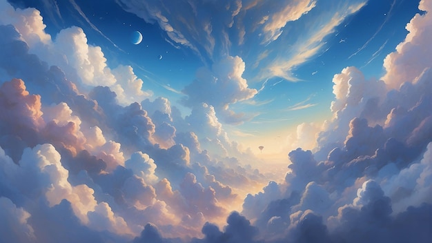 Nube en el cielo azul ilustración de fondo paisaje en el estilo anime de la naturaleza