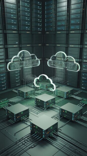 Nube de circuito de sala de servidor abstracto en fondo verde almacenamiento de datos y concepto de base de datos renderización 3D