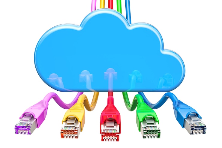 Foto nube de computadora con rendimiento 3d de cable de internet lan