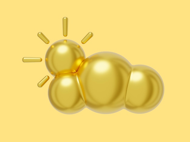 Nube de dibujos animados con icono de renderizado 3D de metal dorado sol sobre fondo amarillo