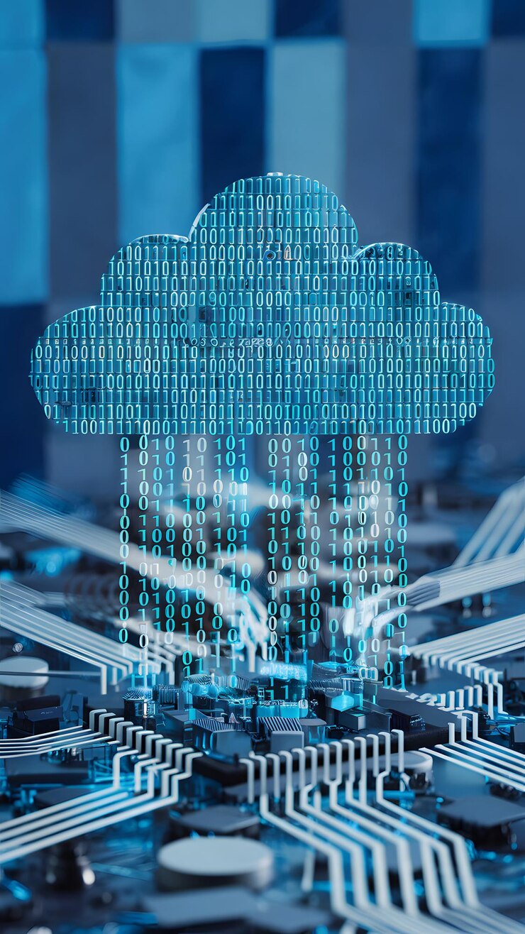 Foto nube digital de dígitos binarios sobre circuitos complejos de transferencia de datos tema de papel de pared móvil vertical