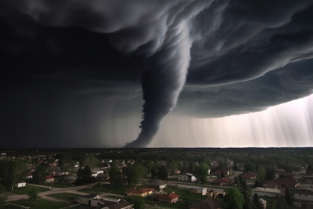 Nube de embudo de tornado arremolinándose contra el cielo tormentoso oscuro creado con IA generativa