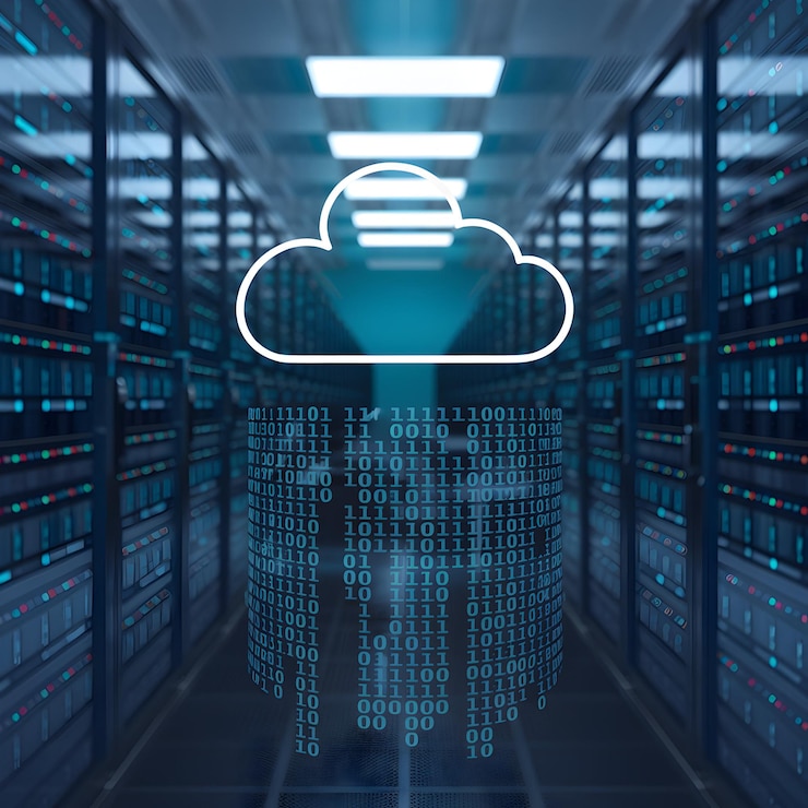 Foto la nube por encima del cilindro de código binario sugiere un almacenamiento en la nube futurista para las redes sociales