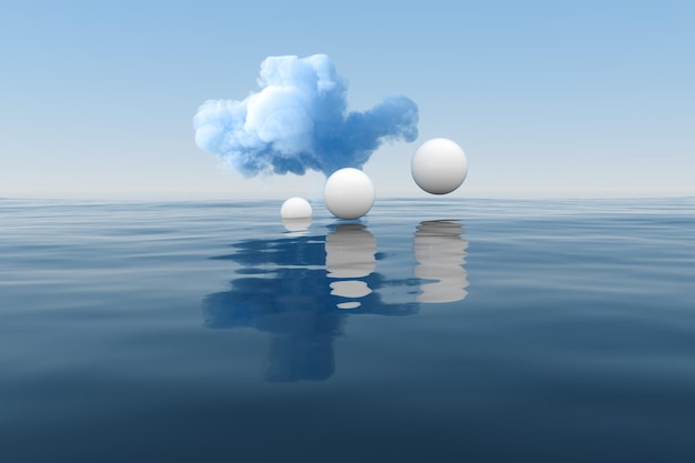 Foto nube y figura geométrica flotando en la representación 3d del lago