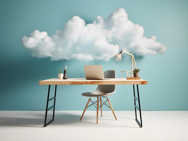 Una nube en forma de nube está encima de un escritorio con una computadora portátil encima.