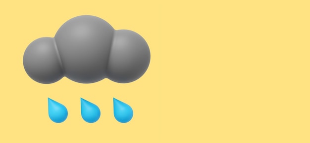 Nube gris de dibujos animados con icono de representación 3D de lluvia en el espacio de fondo amarillo para texto