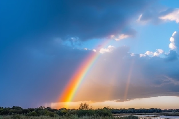 Nube hermosa de la tarde de la puesta del sol con un arco iris y sol después de la lluvia