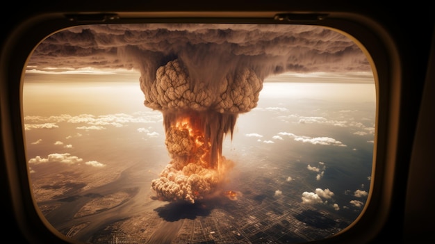 Foto nube de hongo de una explosión nuclear vista desde la ventana de un avión