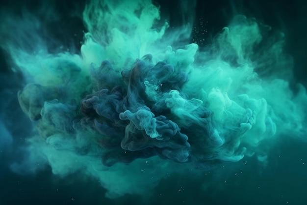 La nube de humo verde y azul está rodeada por un fondo negro