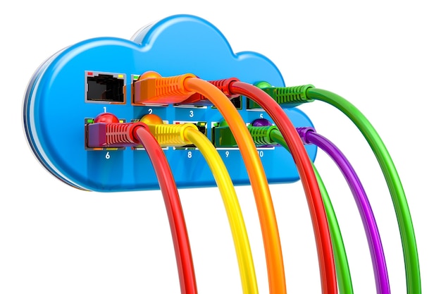 Nube informática con renderizado 3D de cables de internet lan