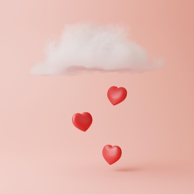 Nube con lluvia de corazones sobre un fondo rosa pastel Composición creativa mínima 3D render