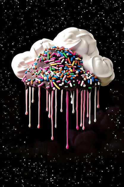 Foto nube de malvavisco esponjosa con llovizna de chocolate y brillo radiante colorido formas de idea de concepto y2k