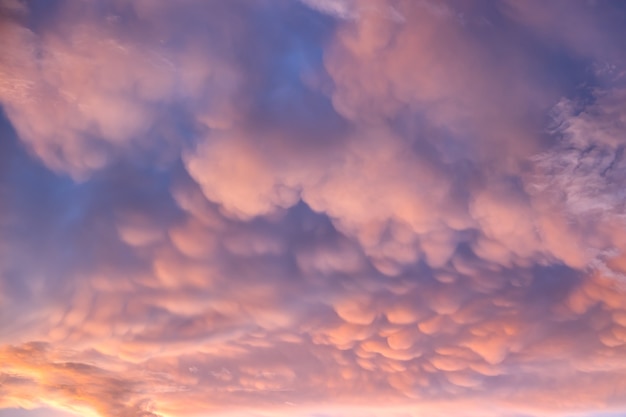 Nube de Mammatus en el cielo del atardecer. Un patrón de bolsas thunderstiorm cumulonimbus rainclouds.