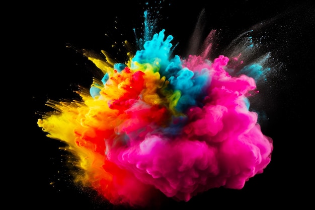 Nube multicolor de polvo está volando en el aire sobre fondo negro IA generativa