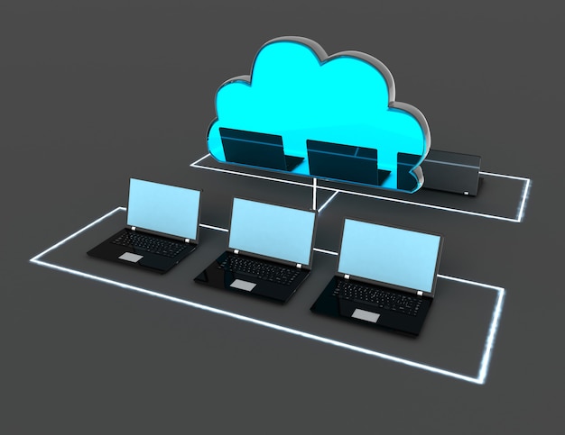 Nube y ordenador portátil 3d. Ilustración 3d