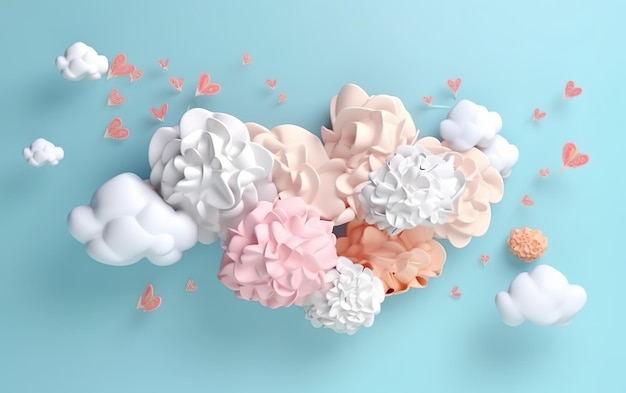Una nube de papel con flores rosas y blancas y corazones.