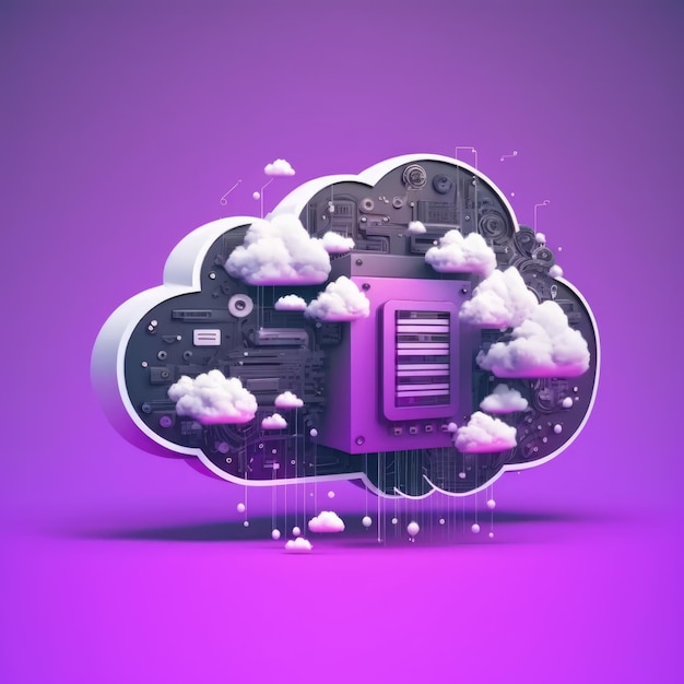 Nube púrpura digital con placa de circuito de computadora creada con tecnología de IA generativa