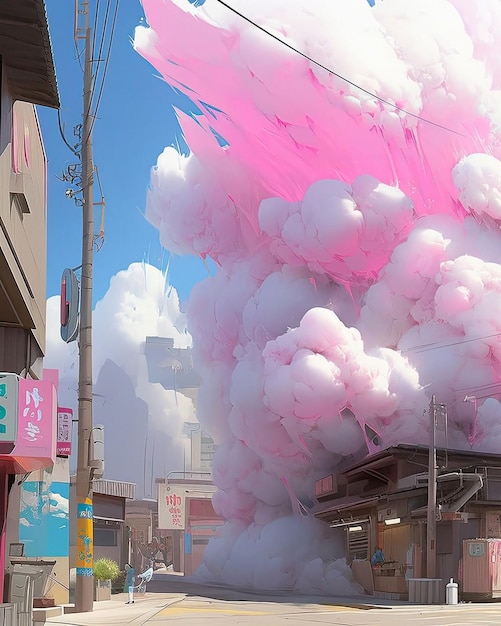 Una nube rosa sale de un edificio.