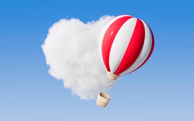 Nube suave en forma de corazón y globo de aire caliente renderizado en 3D dibujo digital