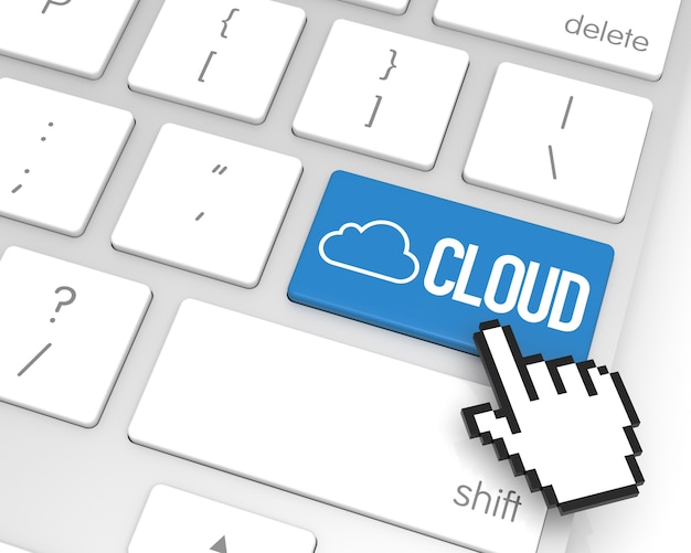Nube tecla enter con cursor de mano. Representación 3D