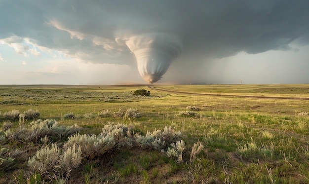 una nube de tormenta está por encima de la hierba y el cielo es una nube de tempestad