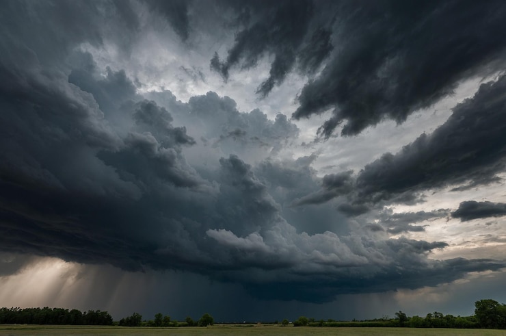 Foto una nube de tormenta está sobre un campo y el cielo está oscuro